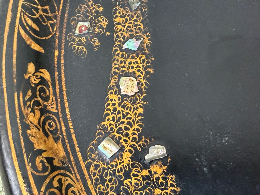 Antique 19th Century Oval Black Lacquered Papier-Mâché Tray With Hand-Painted Gilt Scrollwork And Shimmering Mother-Of-Pearl Inlays 30'W X 24'H [Photo 5]