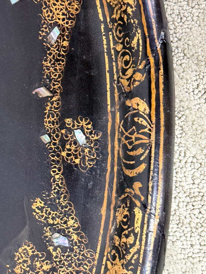 Antique 19th Century Oval Black Lacquered Papier-Mâché Tray With Hand-Painted Gilt Scrollwork And Shimmering Mother-Of-Pearl Inlays 30'W X 24'H [Photo 7]
