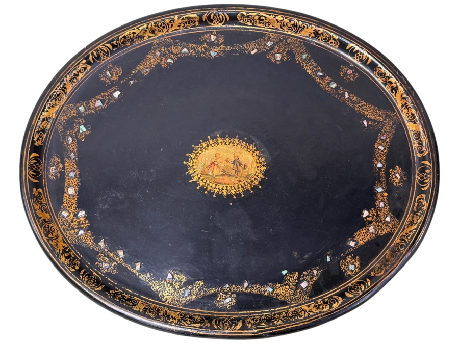 Antique 19th Century Oval Black Lacquered Papier-Mâché Tray With Hand-Painted Gilt Scrollwork And Shimmering Mother-Of-Pearl Inlays 30'W X 24'H