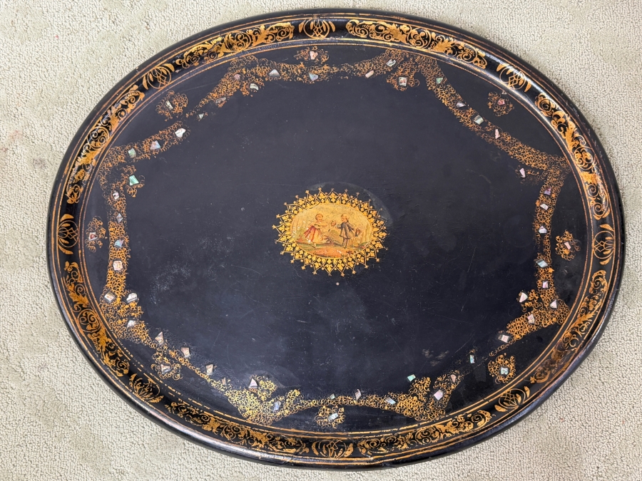 Antique 19th Century Oval Black Lacquered Papier-Mâché Tray With Hand-Painted Gilt Scrollwork And Shimmering Mother-Of-Pearl Inlays 30'W X 24'H [Photo 2]