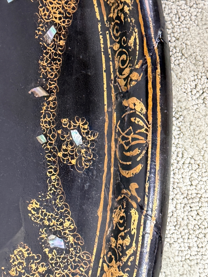 Antique 19th Century Oval Black Lacquered Papier-Mâché Tray With Hand-Painted Gilt Scrollwork And Shimmering Mother-Of-Pearl Inlays 30'W X 24'H [Photo 6]
