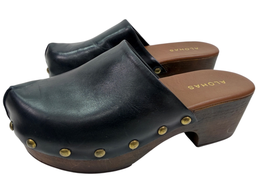 New Alohas Harley Black Leather Studded Wooden Platform Clogs Size 39 Made in Spain Retails $190 (HA)
