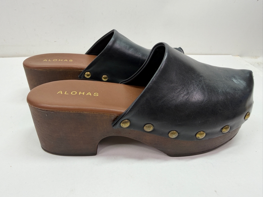 New Alohas Harley Black Leather Studded Wooden Platform Clogs Size 39 Made in Spain Retails $190 (HA) [Photo 2]