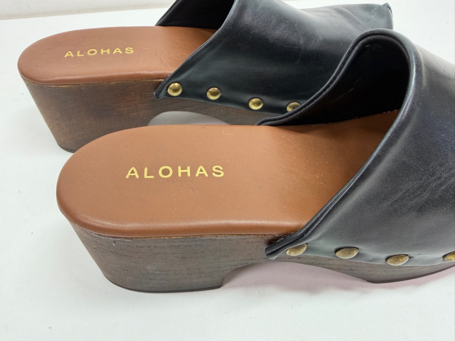 New Alohas Harley Black Leather Studded Wooden Platform Clogs Size 39 Made in Spain Retails $190 (HA) [Photo 3]
