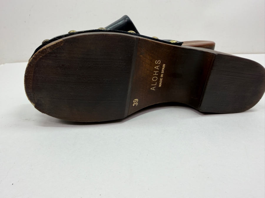 New Alohas Harley Black Leather Studded Wooden Platform Clogs Size 39 Made in Spain Retails $190 (HA) [Photo 5]
