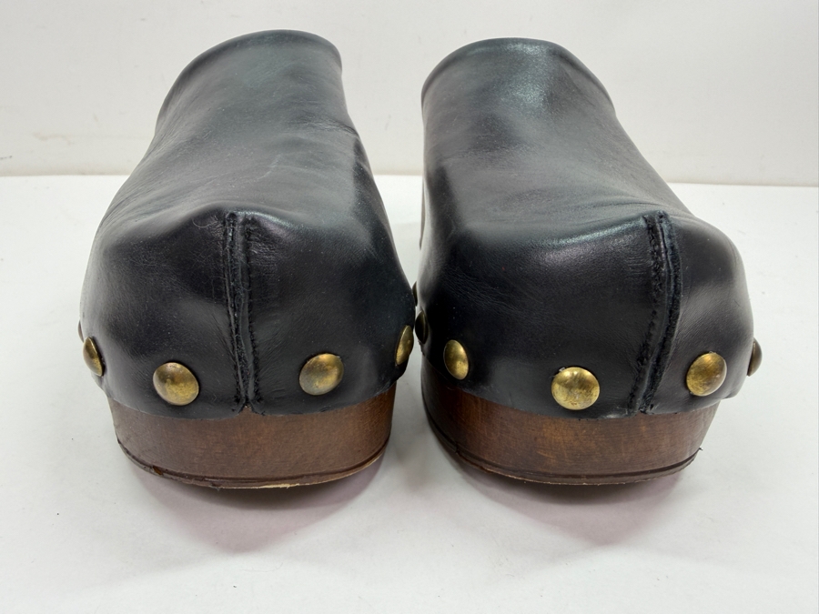 New Alohas Harley Black Leather Studded Wooden Platform Clogs Size 39 Made in Spain Retails $190 (HA) [Photo 4]