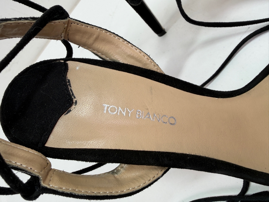 Tony Bianco Kalipso Black Kid Suede Ruffle Stiletto Heeled Sandals Size 8 Retails $200 (HA) [Photo 3]
