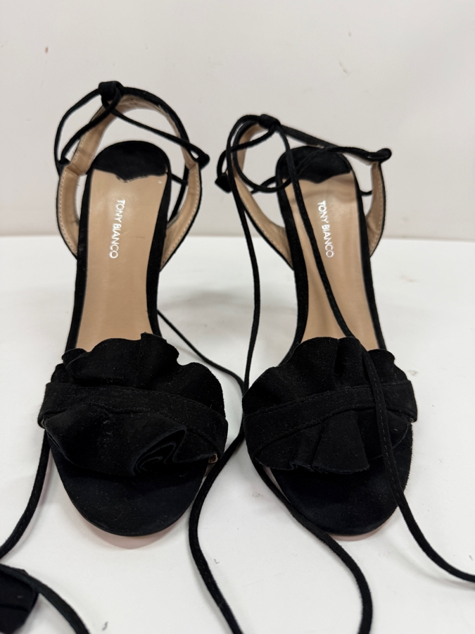 Tony Bianco Kalipso Black Kid Suede Ruffle Stiletto Heeled Sandals Size 8 Retails $200 (HA) [Photo 2]