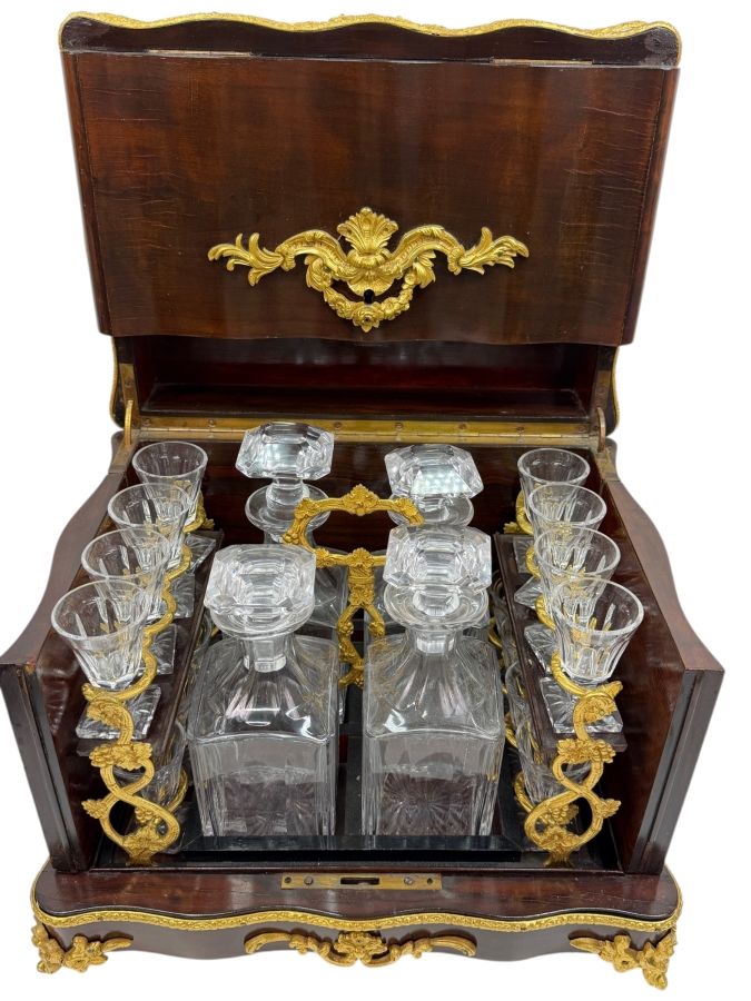 19th-Century French Napoleon III Marquetry Tantalus Liquor Cabinet Featuring A Hand-Painted Porcelain Plaque And Gilt Bronze Mounts 14'W X 10'D X 14'H (RSF)