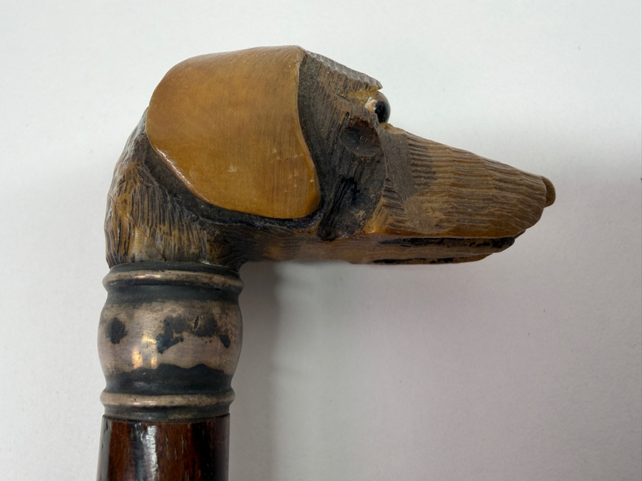 Just Added - Antique Victorian Carved Dog Head Child's Dress Cane Walking Stick With Sterling Silver Ornamentation And Rosewood Shaft 24'L (RSF) [Photo 7]