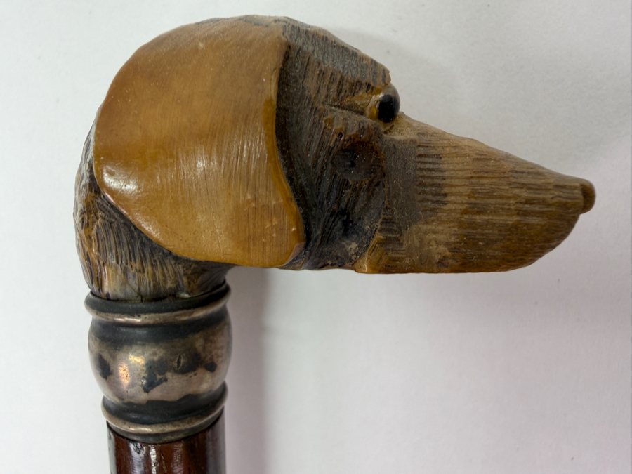 Just Added - Antique Victorian Carved Dog Head Child's Dress Cane Walking Stick With Sterling Silver Ornamentation And Rosewood Shaft 24'L (RSF) [Photo 8]
