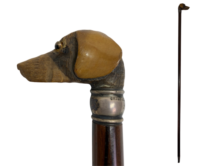 Just Added - Antique Victorian Carved Dog Head Child's Dress Cane Walking Stick With Sterling Silver Ornamentation And Rosewood Shaft 24'L (RSF)
