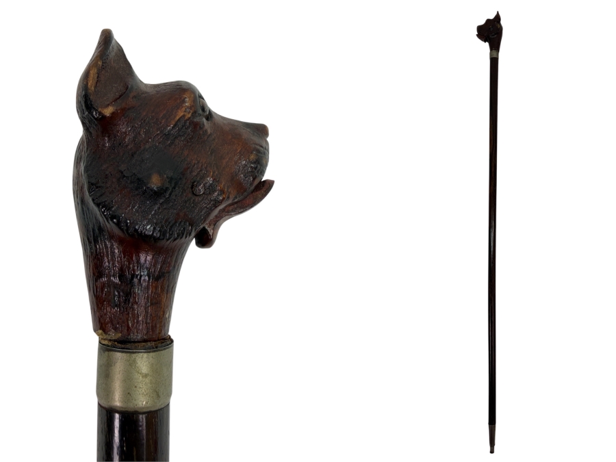 Just Added - Antique Victorian Carved Dog Head Child's Dress Cane Walking Stick With Sterling Silver Ornamentation And Rosewood Shaft (Dog's Mouth Moves With Spring Action Return) 24'L (RSF)