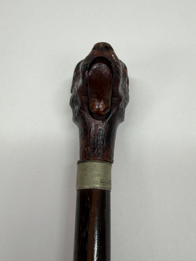 Just Added - Antique Victorian Carved Dog Head Child's Dress Cane Walking Stick With Sterling Silver Ornamentation And Rosewood Shaft (Dog's Mouth Moves With Spring Action Return) 24'L (RSF) [Photo 6]
