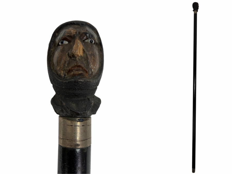 Just Added - Antique Victorian Carved Head Child's Dress Cane Walking Stick With Sterling Silver Ornamentation 25'L (RSF)