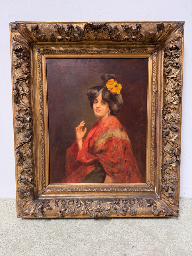 Just Added - Original Antique Oil Painting On Canvas Artist Unknown 16 X 20 In Gilt Antique Frame 24.5 X 28.5 (RSF) [Photo 2]