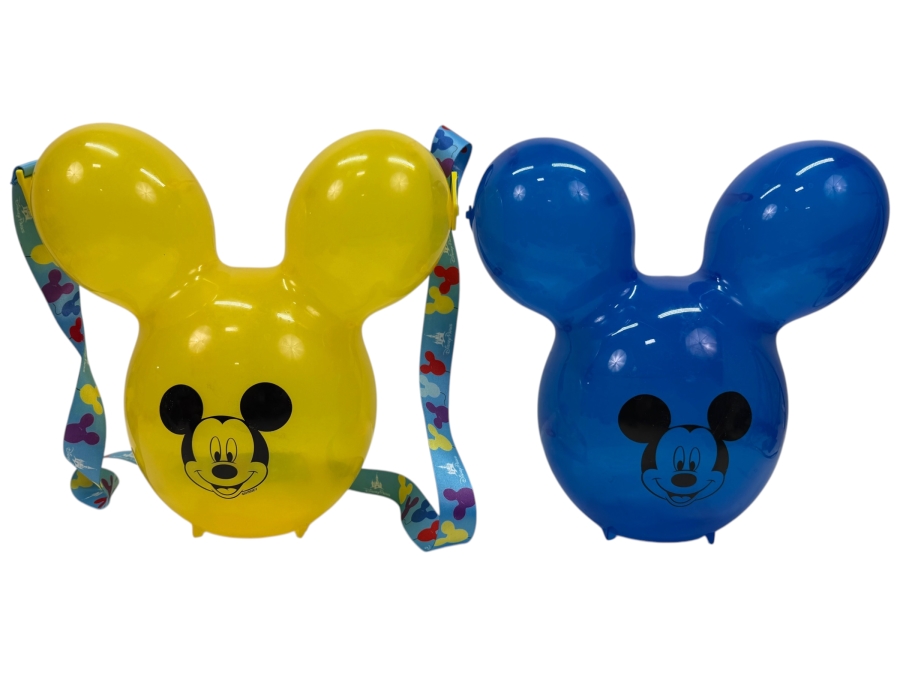 Disney Parks Yellow And Blue Mickey Mouse Balloon Popcorn Buckets - 2018-2021 Signature Souvenir Set With Colorful Lanyard 10'H