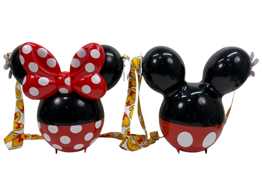 Disney Parks Minnie Mouse 90th Anniversary Balloon Popcorn Bucket & Classic Mickey Mouse Icon Souvenir Bucket With Character Lanyards 10.5'H