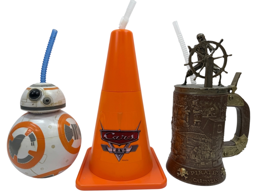 Disney Parks Souvenir Sipper Set - BB-8 Droid, Cars Land Cozy Cone & Pirates Of The Caribbean Skeleton Captain Stein 10' - 11'H