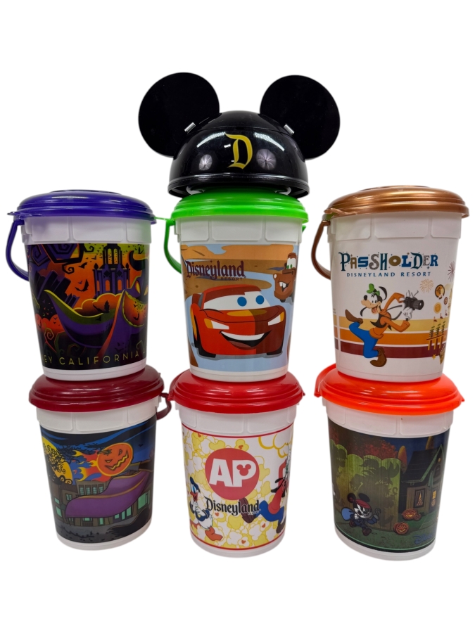 Disney Parks Disneyland Resort 2017-2019 Souvenir Popcorn Bucket Collection - Featuring Mickey Mouse Ear Hat Lid, Cars Land, 2018-2019 Halloween Specials, And Annual Passholder Exclusive Refillable Buckets 8'H