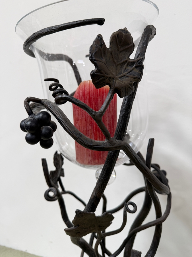 Just Added - Wrought Iron Vine And Grape Floor Candelabra With Glass Hurricane Vase 34'H [Photo 4]