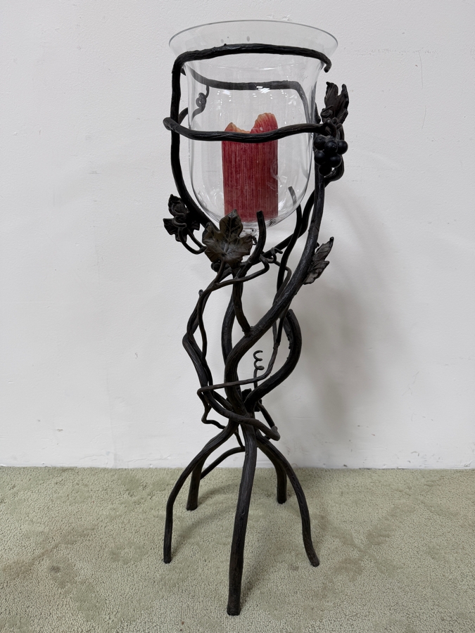 Just Added - Wrought Iron Vine And Grape Floor Candelabra With Glass Hurricane Vase 34'H [Photo 2]
