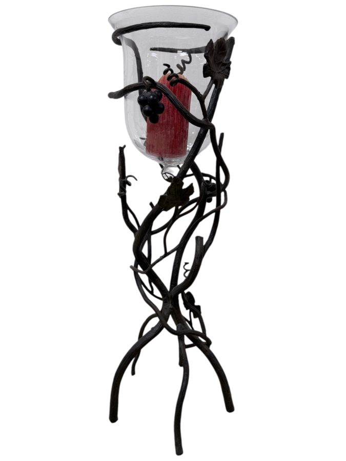 Just Added - Wrought Iron Vine And Grape Floor Candelabra With Glass Hurricane Vase 34'H