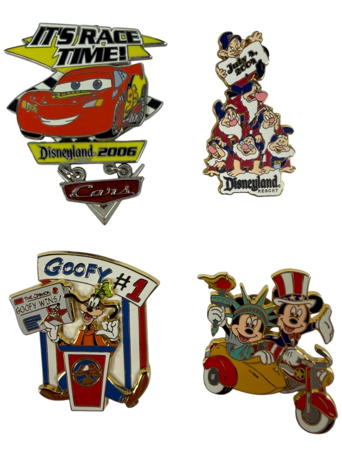 Disney Parks Limited Edition Pin Collection - Disneyland 2006 Lightning McQueen Opening Day, Seven Dwarfs 4th Of July 2004, Goofy #1 Presidents Day & Americana Mickey And Minnie Motorcycle