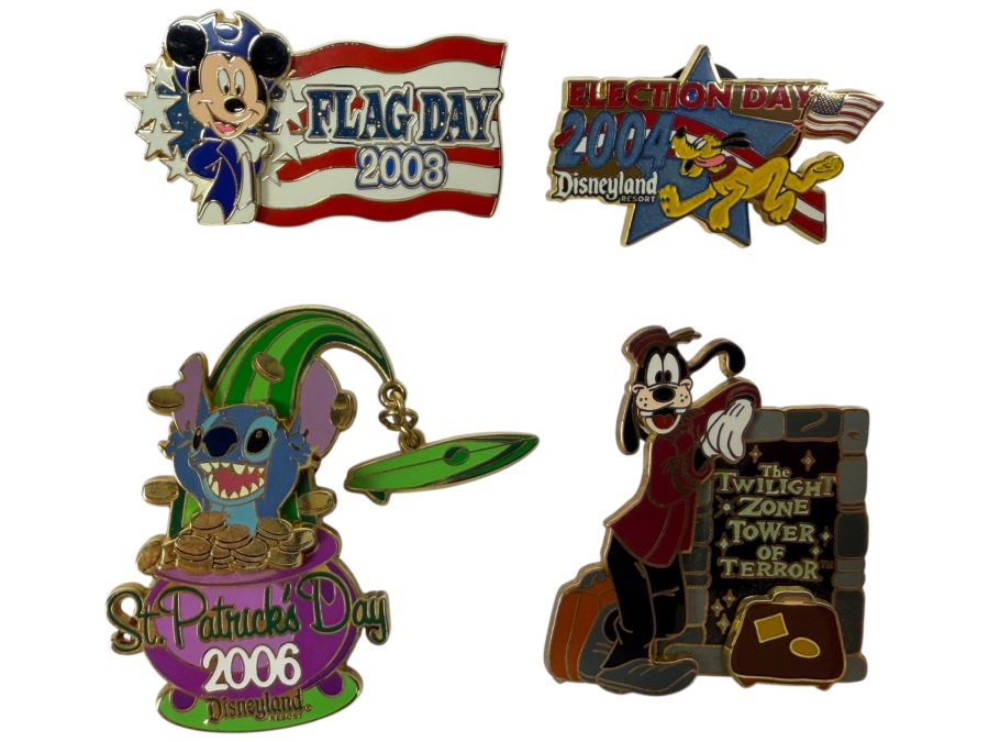 Disney Parks Limited Edition Holiday Pin Collection - Mickey Mouse Flag Day 2003, Pluto Election Day 2004, Stitch St. Patrick’s Day 2006 Dangle Pin & Goofy The Twilight Zone Tower Of Terror Countdown Series #1 Of 5