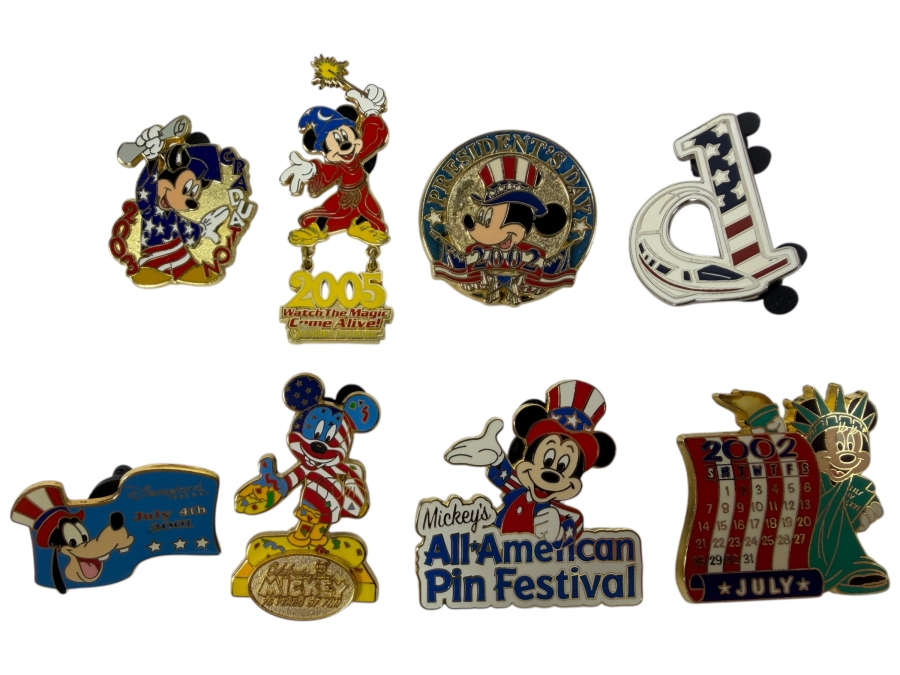 Disney Parks Limited Edition Americana Pin Set - Graduation Mickey 2002, Sorcerer Mickey 2005, President’s Day 2002, Monorail D Logo & Mickey’s All-American Pin Festival