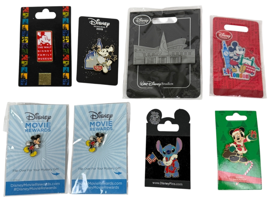 Disney Parks Collector Pin Set - Walt Disney Family Museum Mickey, 2019 Rewards Mickey Sparkle, Studios Animation Building, London Mickey, Movie Rewards Mystery Gifts, Patriotic Stitch & Santa Mickey