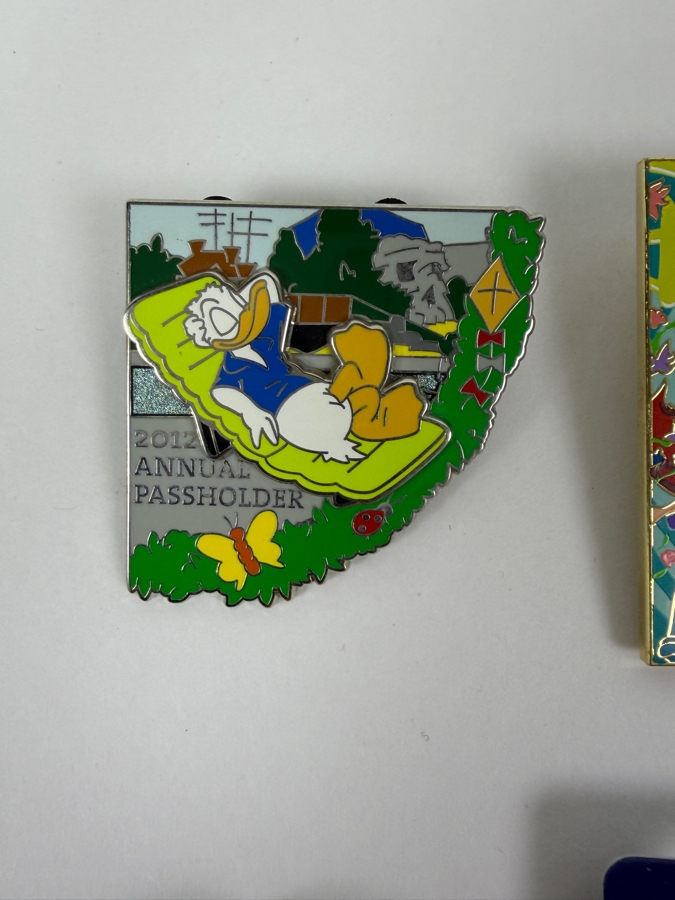 Disney Parks Collector Pin Set - Disneyland Annual Passholder Donald Duck 2012, Ariel & Flounder D23 Expo 2019, Donald Duck Hidden Mickey Bicycle 2006, Donald Firefighter 2003, WDW 50th Anniversary Castle, And Disney Auctions Mickey & Minnie American Flag [Photo 5]