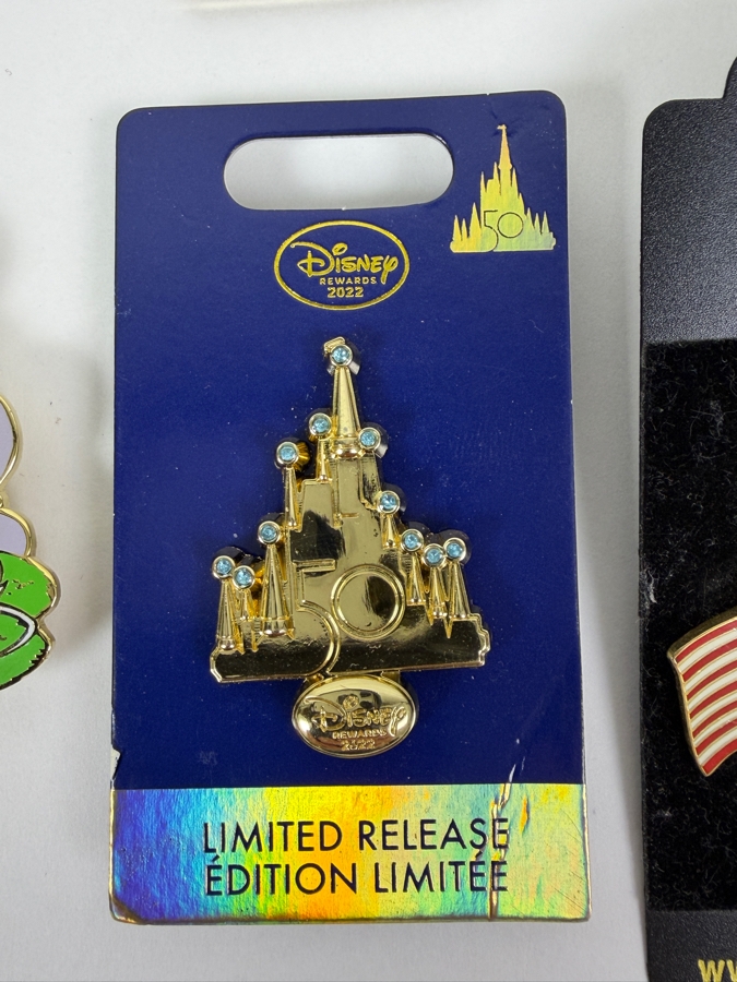 Disney Parks Collector Pin Set - Disneyland Annual Passholder Donald Duck 2012, Ariel & Flounder D23 Expo 2019, Donald Duck Hidden Mickey Bicycle 2006, Donald Firefighter 2003, WDW 50th Anniversary Castle, And Disney Auctions Mickey & Minnie American Flag [Photo 2]