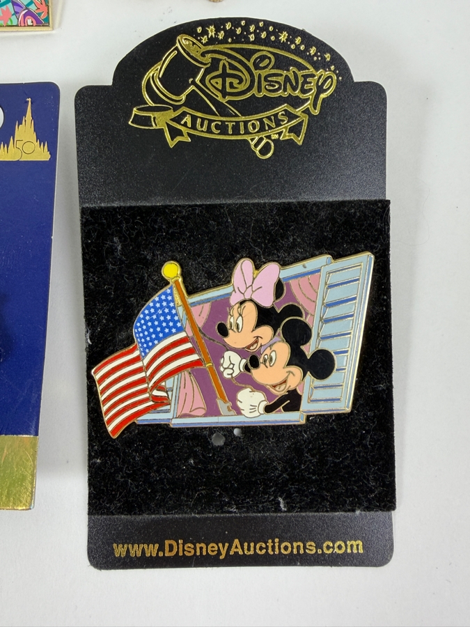 Disney Parks Collector Pin Set - Disneyland Annual Passholder Donald Duck 2012, Ariel & Flounder D23 Expo 2019, Donald Duck Hidden Mickey Bicycle 2006, Donald Firefighter 2003, WDW 50th Anniversary Castle, And Disney Auctions Mickey & Minnie American Flag [Photo 3]