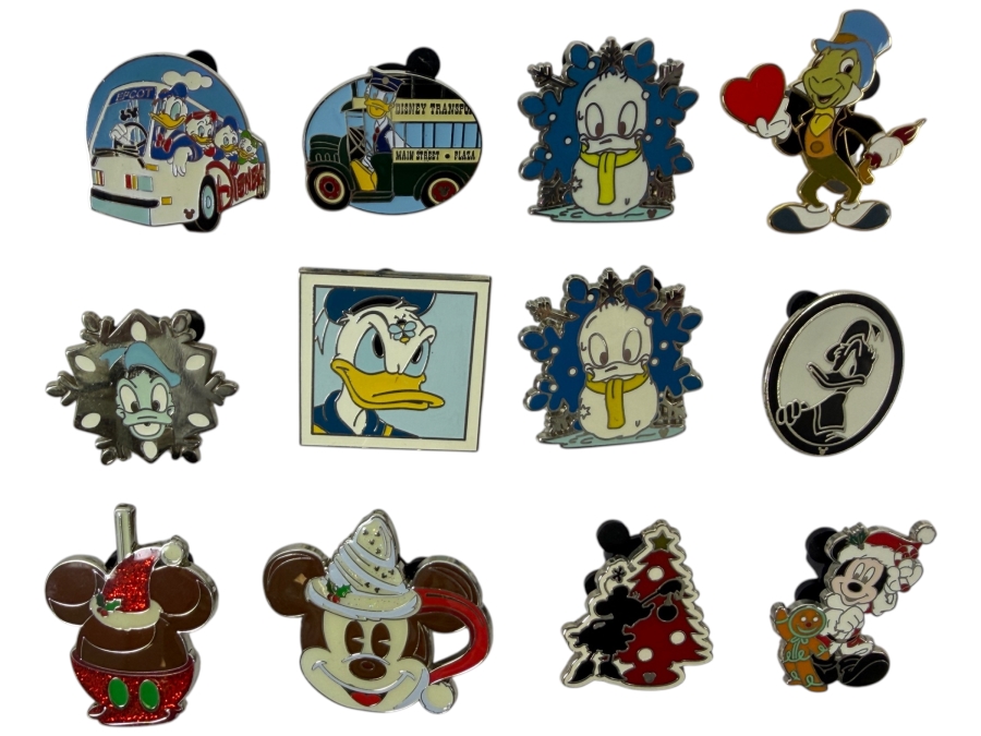Disney Parks Collector Pin Set - EPCOT Buses, Disney Transport Main Street Plaza, Donald Duck Holiday Snowflakes, Jiminy Cricket Heart, And Mickey Mouse Holiday Treats