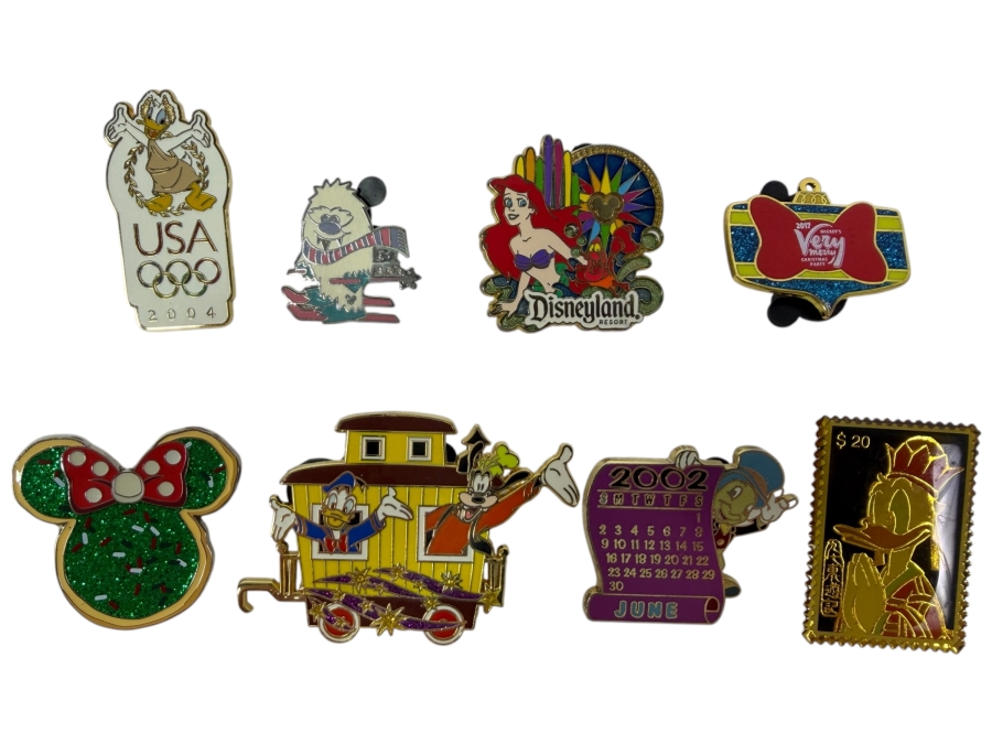 Disney Parks Collector Pin Set - USA Olympic 2004 Donald Duck Diving, 2017 Season’s Eatings Yeti Gingerbread, Disneyland 60th Ariel, Very Merry Christmas 2017 Minnie Bow, Holiday Donut, Donald & Goofy Caboose, And June 2002 Jiminy Cricket
