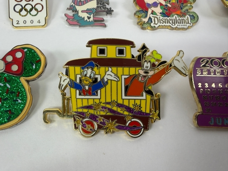 Disney Parks Collector Pin Set - USA Olympic 2004 Donald Duck Diving, 2017 Season’s Eatings Yeti Gingerbread, Disneyland 60th Ariel, Very Merry Christmas 2017 Minnie Bow, Holiday Donut, Donald & Goofy Caboose, And June 2002 Jiminy Cricket [Photo 6]