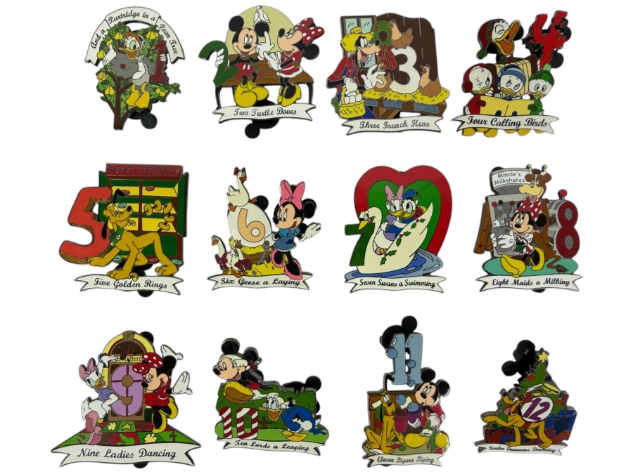 Disney Parks 12 Days Of Christmas 2004 Collector Pin Set - 12-Pin Holiday Character Collection - Limited Edition 1500