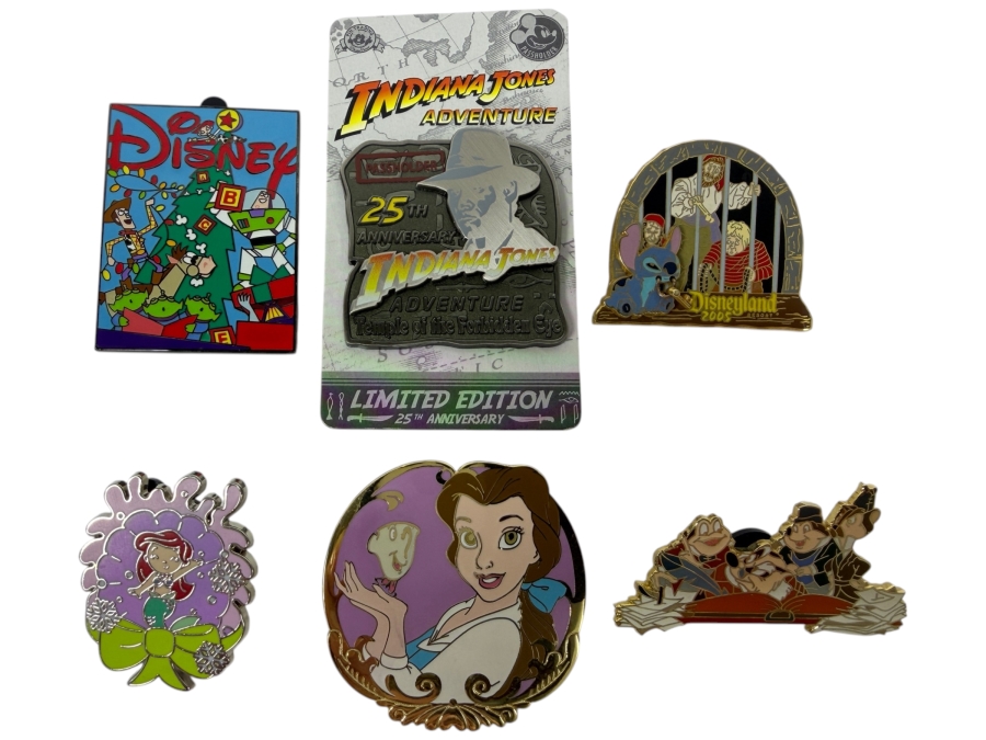 Disney Parks Limited Edition Pin Set - Toy Story Christmas 2002, Indiana Jones 25th Anniversary, Pirates Stitch Jail, Small World Ariel 2021, Belle Little Friends & Mr. Toad Writing In Ledger