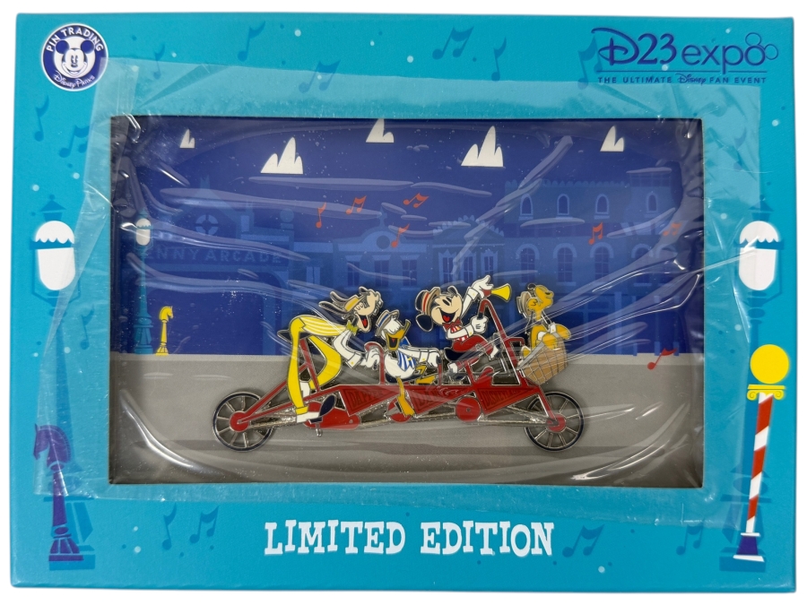 Disney D23 Expo 2019 Dapper Dan Tandem Bicycle Jumbo Pin - Limited Edition 500 - Mickey, Donald, Goofy & Pluto In Main Street USA Boxed Collection Retails $50