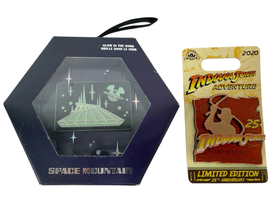 Disney Parks 2021 Space Mountain Glow In The Dark Ornament Pin And Indiana Jones Adventure 25th Anniversary Limited Edition Pin
