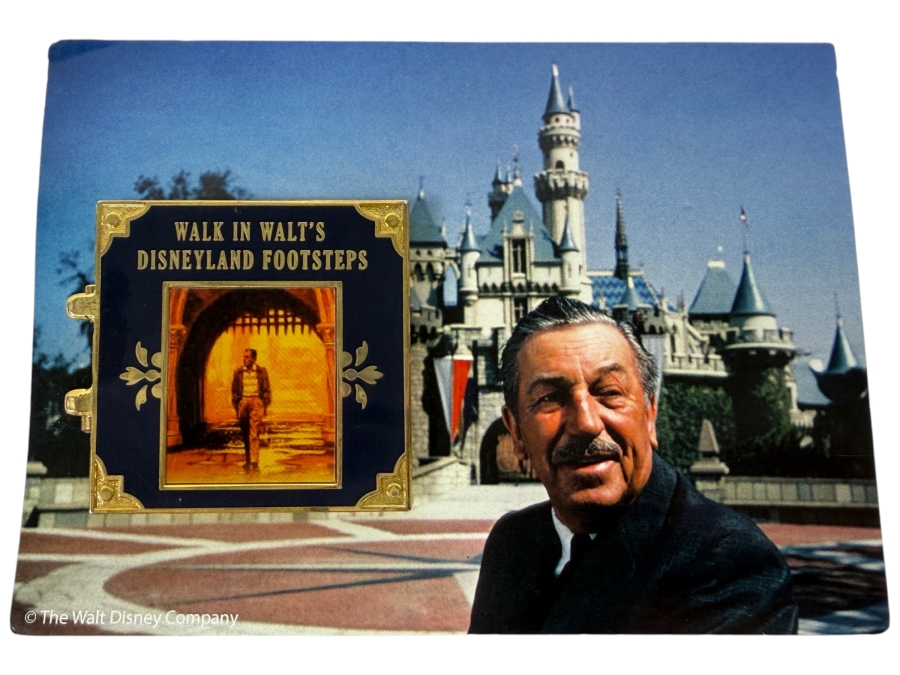 Walk In Walt's Disneyland Footsteps Guided Tour Commemorative Hinged Pin And Postcard Set