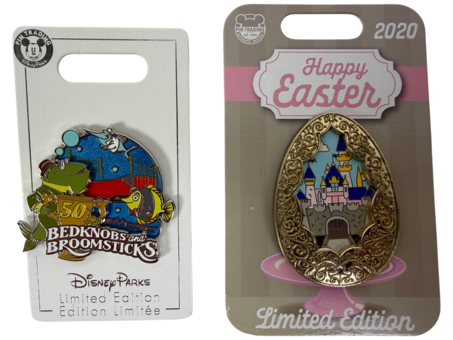 Disney Bedknobs And Broomsticks 50th Anniversary Limited Edition Pin And 2020 Happy Easter Sleeping Beauty Castle Egg Pin Set