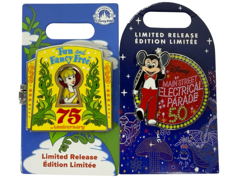 Disney Fun And Fancy Free 75th Anniversary Hinged Pin And Main Street Electrical Parade 50th Anniversary Limited Release Pin Set