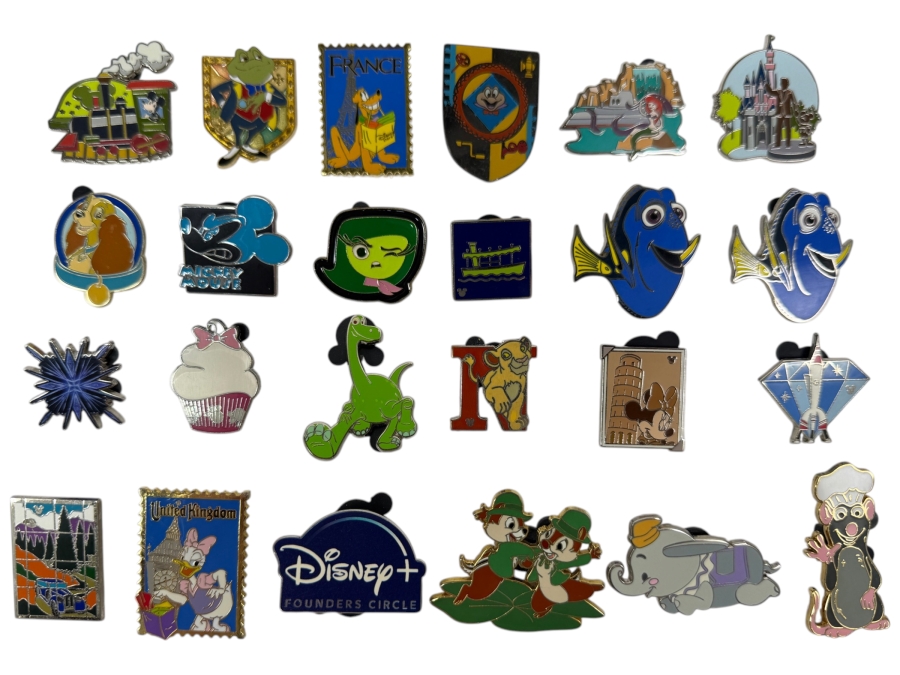 Collection Of (24) Authentic Disney Pins Featuring Characters Like Mickey And Minnie Mouse, Dory, Simba, And Remy, With Park Icons Such As The Epcot World Showcase Stamps And Disney+ Founders Circle Exclusive