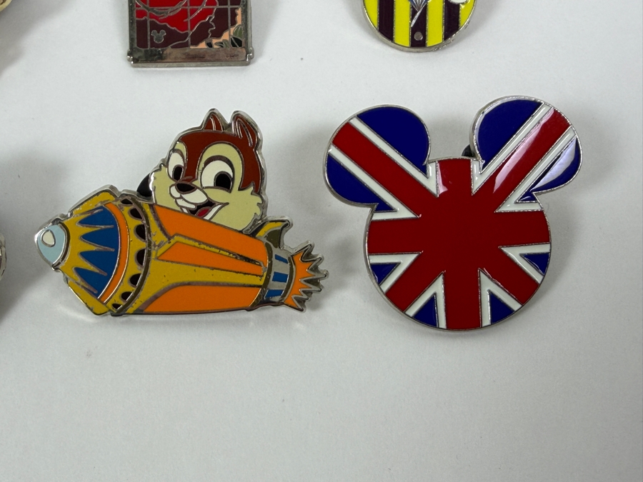 Collection Of (24) Authentic Disney Pins Featuring Characters Like Mickey Mouse As Mr. Incredible, Violet Parr, Timon and Pumbaa Wild About Safety Logo, And The Epcot World Showcase United Kingdom Flag Icon [Photo 4]