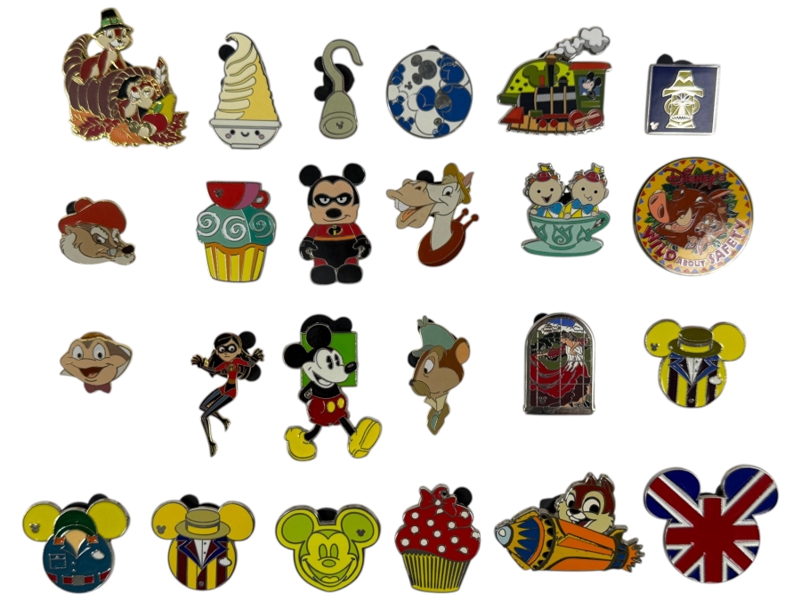 Collection Of (24) Authentic Disney Pins Featuring Characters Like Mickey Mouse As Mr. Incredible, Violet Parr, Timon and Pumbaa Wild About Safety Logo, And The Epcot World Showcase United Kingdom Flag Icon