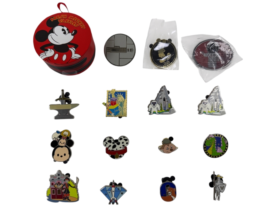 Collection Of (16) Authentic Disney Trading Pins Featuring A Fresh Mickey Waffles Boxed Pin, Star Wars Death Star, Matterhorn Yeti, D23 Expo Exclusive, Tsum Tsum Stack, Figment, And Space Mountain Designs