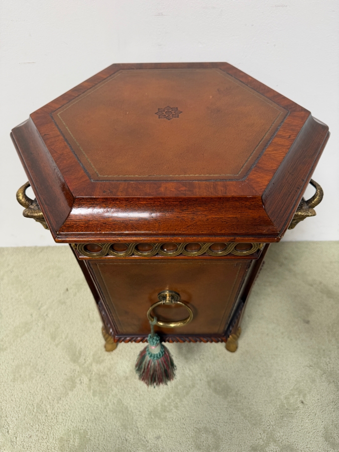 Just Added - Maitland-Smith Mahogany Octagonal Hooved Table With Hand-Tooled Leather Panels and Neoclassical Brass Accents 20'W X 16.5'D X 25'H [Photo 4]