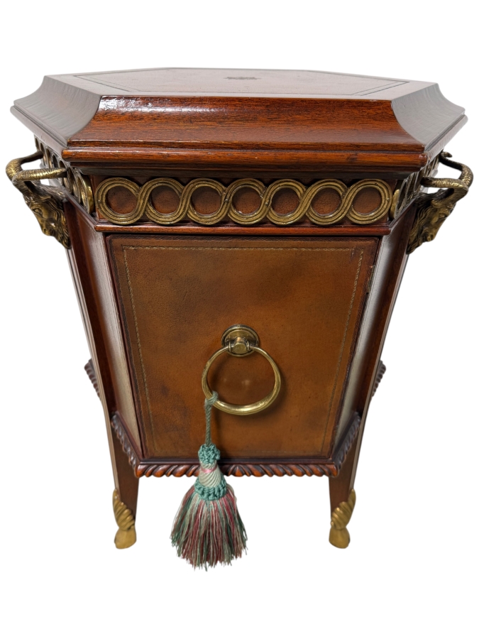 Just Added - Maitland-Smith Mahogany Octagonal Hooved Table With Hand-Tooled Leather Panels and Neoclassical Brass Accents 20'W X 16.5'D X 25'H